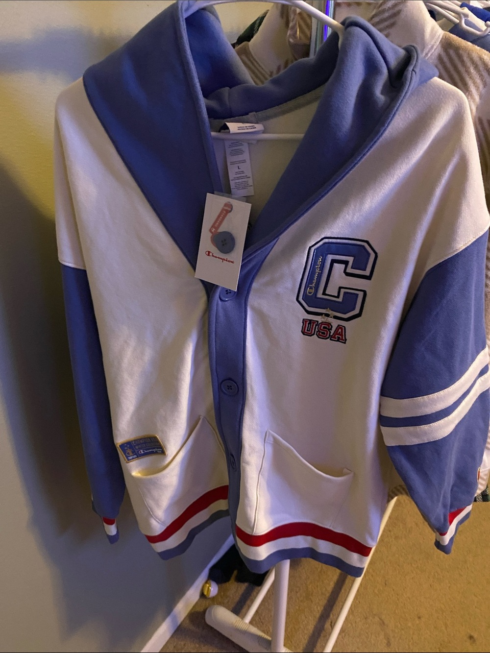 Champion Kids Hooded Button-Up Jacket in White, Periwinkle & Red Trim